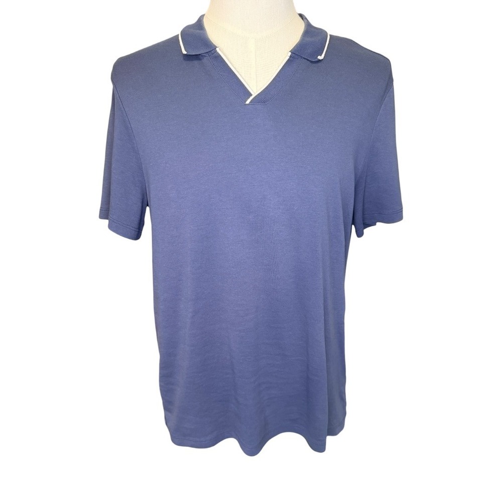 Awearness Kenneth‎ Cole Mens Slim Fit V-Neck Tipped Polo Shirt Blue Medium